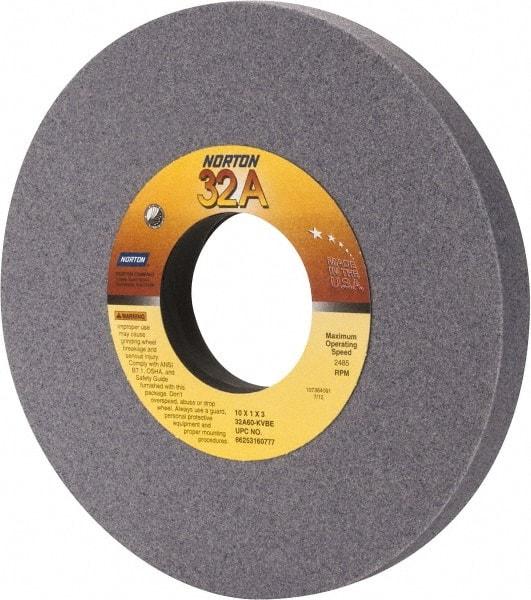 Norton - 10" Diam x 3" Hole x 1" Thick, K Hardness, 60 Grit Surface Grinding Wheel - Aluminum Oxide, Type 1, Medium Grade, 2,485 Max RPM, Vitrified Bond, No Recess - Americas Industrial Supply