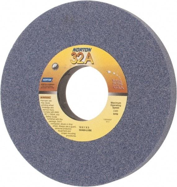 Norton - 10" Diam x 3" Hole x 1" Thick, L Hardness, 60 Grit Surface Grinding Wheel - Aluminum Oxide, Type 1, Medium Grade, 2,485 Max RPM, Vitrified Bond, No Recess - Americas Industrial Supply