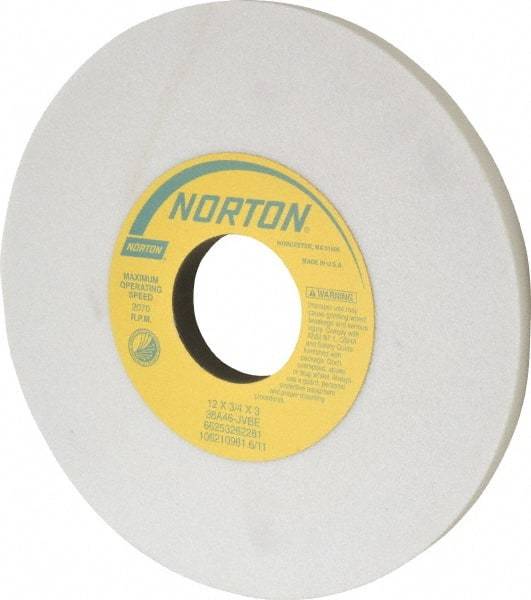 Norton - 12" Diam x 3" Hole x 3/4" Thick, J Hardness, 46 Grit Surface Grinding Wheel - Aluminum Oxide, Type 1, Coarse Grade, 2,070 Max RPM, Vitrified Bond, No Recess - Americas Industrial Supply