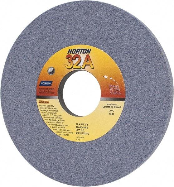 Norton - 12" Diam x 3" Hole x 3/4" Thick, I Hardness, 60 Grit Surface Grinding Wheel - Aluminum Oxide, Type 1, Medium Grade, 2,070 Max RPM, Vitrified Bond, No Recess - Americas Industrial Supply