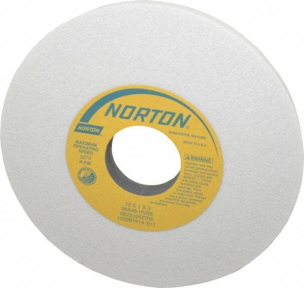 Norton - 12" Diam x 3" Hole x 1" Thick, H Hardness, 46 Grit Surface Grinding Wheel - Aluminum Oxide, Type 1, Coarse Grade, 2,070 Max RPM, Vitrified Bond, No Recess - Americas Industrial Supply