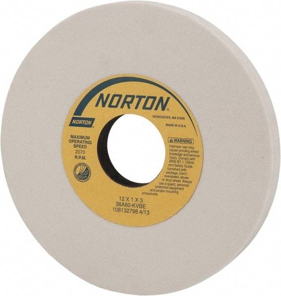 Norton - 12" Diam x 3" Hole x 1" Thick, K Hardness, 60 Grit Surface Grinding Wheel - Aluminum Oxide, Type 1, Medium Grade, 2,070 Max RPM, Vitrified Bond, No Recess - Americas Industrial Supply