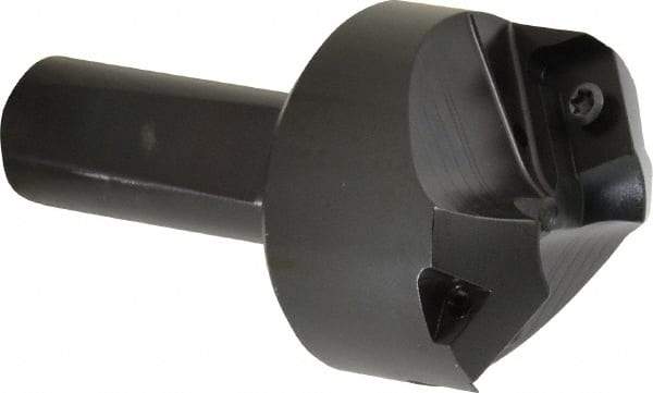 Kyocera - 60° Lead Angle, 1.85" Max Cut Diam, 0.8" Min Cut Diam, 0.308" Max Depth of Cut, Indexable Chamfer and Angle End Mill - 2 Inserts, APET 1604 Insert Style, 3-1/4" Overall Length, Straight Shank, 120° Included Angle - Americas Industrial Supply