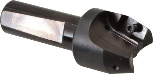Kyocera - 15° Lead Angle, 1.3" Max Cut Diam, 1" Min Cut Diam, 0.613" Max Depth of Cut, Indexable Chamfer and Angle End Mill - 2 Inserts, APET 1604 Insert Style, 3-1/4" Overall Length, Straight Shank, 30° Included Angle - Americas Industrial Supply