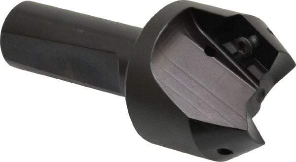 Kyocera - 30° Lead Angle, 1.62" Max Cut Diam, 1" Min Cut Diam, 0.544" Max Depth of Cut, Indexable Chamfer and Angle End Mill - 2 Inserts, APET 1604 Insert Style, 3-1/4" Overall Length, Straight Shank, 60° Included Angle - Americas Industrial Supply