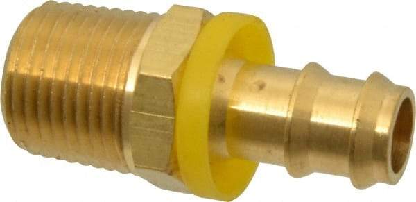 Eaton - 1/2" ID 1/2-14 NPT Barbed Push On Male Connector - 1-3/16" Cut Off Allowance, 2.1" Long, 7/8" Hex, Brass - Americas Industrial Supply