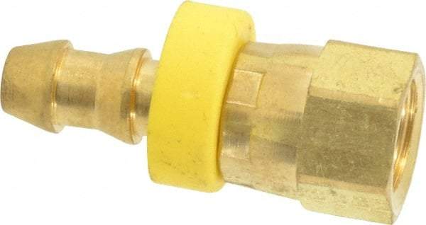 Eaton - 1/4" ID 7/16-20 UNF Barbed Push On Female JIC 37/SAE 45 Swivel Connector - 3/4" Cut Off Allowance, 1.38" Long, 9/16" Hex, Brass - Americas Industrial Supply