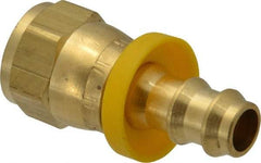 Eaton - 3/8" ID 5/8-18 UNF Barbed Push On Female SAE 45 Swivel Connector - 7/8" Cut Off Allowance, 1.62" Long, 3/4" Hex, Brass - Americas Industrial Supply