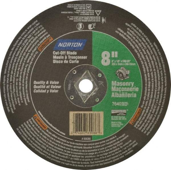 Norton - 8" 24 Grit Silicon Carbide Cutoff Wheel - 1/8" Thick, 5/8" Arbor, 7,640 Max RPM, Use with Circular Saws - Americas Industrial Supply