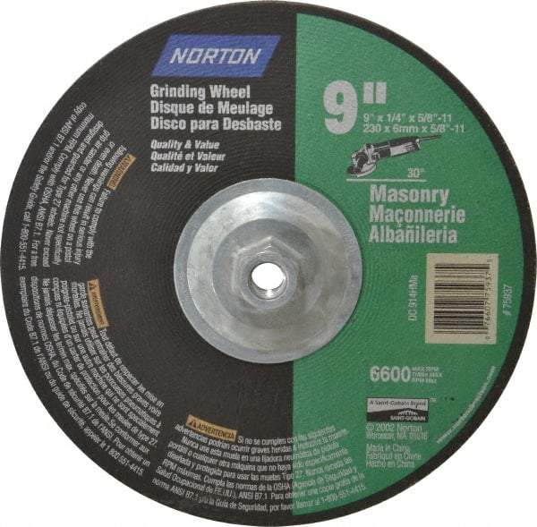 Norton - 24 Grit, 9" Wheel Diam, 1/4" Wheel Thickness, Type 27 Depressed Center Wheel - Silicon Carbide, 6,600 Max RPM, Compatible with Angle Grinder - Americas Industrial Supply