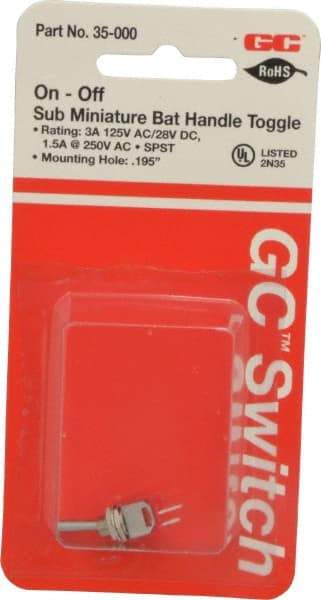 GC/Waldom - SPST Sub Miniature On-Off Toggle Switch - Solder Lug Terminal, Bat Handle Actuator, 125 VAC at 3 A & 250 VAC at 1.50 A - Americas Industrial Supply