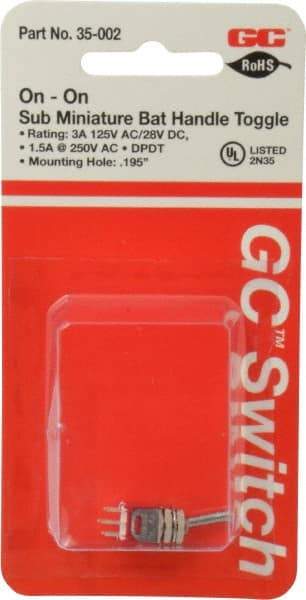 GC/Waldom - DPDT Sub Miniature On-On Toggle Switch - Solder Lug Terminal, Bat Handle Actuator, 125 VAC at 3 A & 250 VAC at 1.50 A - Americas Industrial Supply