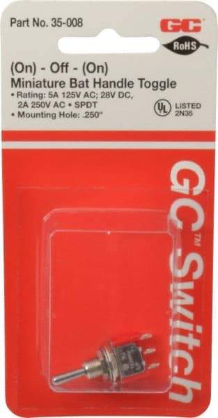 GC/Waldom - SPDT Miniature On-Off-On Toggle Switch - Solder Lug Terminal, Bat Handle Actuator, 125 VAC at 5 A & 250 VAC at 2 A - Americas Industrial Supply