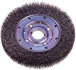 Osborn - 8" OD, 1-1/4" Arbor Hole, Crimped Steel Wheel Brush - 5/8" Face Width, 1-1/2" Trim Length, 0.008" Filament Diam, 4,500 RPM - Americas Industrial Supply