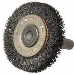 Osborn - 1-1/2" OD, 1/4" Shank Diam, Crimped Steel Wheel Brush - 3/8" Face Width, 9/32" Trim Length, 0.008" Filament Diam, 25,000 RPM - Americas Industrial Supply