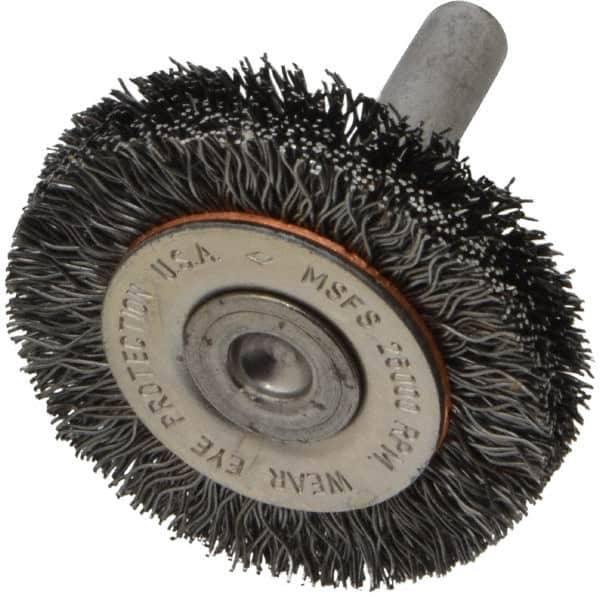 Osborn - 1-1/2" OD, 1/4" Shank Diam, Crimped Steel Wheel Brush - 3/8" Face Width, 9/32" Trim Length, 0.0118" Filament Diam, 25,000 RPM - Americas Industrial Supply