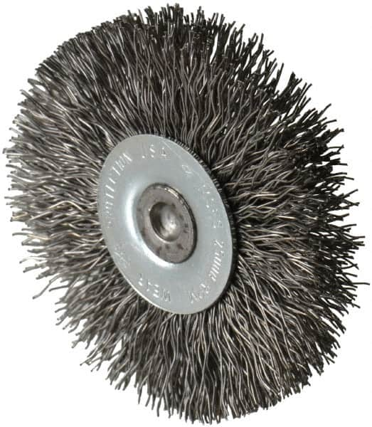 Osborn - 2-1/2" OD, 1/4" Shank Diam, Crimped Steel Wheel Brush - 7/16" Face Width, 11/16" Trim Length, 0.014" Filament Diam, 25,000 RPM - Americas Industrial Supply