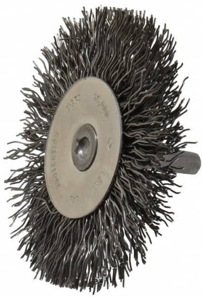 Osborn - 3" OD, 1/4" Shank Diam, Crimped Steel Wheel Brush - 7/16" Face Width, 3/4" Trim Length, 0.02" Filament Diam, 25,000 RPM - Americas Industrial Supply