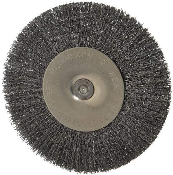 Osborn - 4" OD, 1/4" Shank Diam, Crimped Steel Wheel Brush - 1/2" Face Width, 1" Trim Length, 0.008" Filament Diam, 15,000 RPM - Americas Industrial Supply