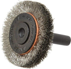 Osborn - 1-1/2" OD, 1/4" Shank Diam, Crimped Stainless Steel Wheel Brush - 3/8" Face Width, 9/32" Trim Length, 0.006" Filament Diam, 25,000 RPM - Americas Industrial Supply