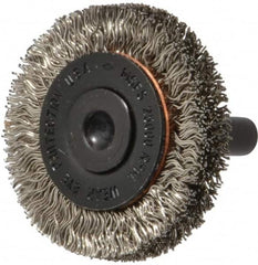 Osborn - 1-1/2" OD, 1/4" Shank Diam, Crimped Stainless Steel Wheel Brush - 3/8" Face Width, 9/32" Trim Length, 0.012" Filament Diam, 25,000 RPM - Americas Industrial Supply