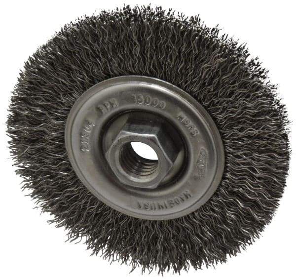 Osborn - 4" OD, 5/8-11 Arbor Hole, Crimped Steel Wheel Brush - 1/2" Face Width, 0.014" Filament Diam, 15,000 RPM - Americas Industrial Supply