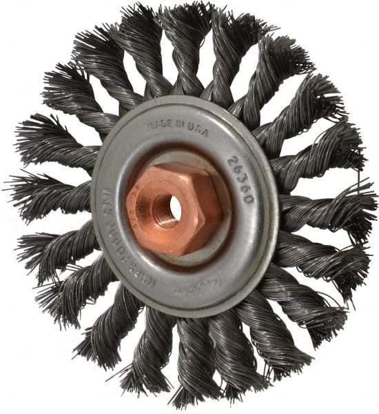 Osborn - 4" OD, 3/8-24 Arbor Hole, Knotted Steel Wheel Brush - 3/8" Face Width, 7/8" Trim Length, 0.014" Filament Diam, 20,000 RPM - Americas Industrial Supply