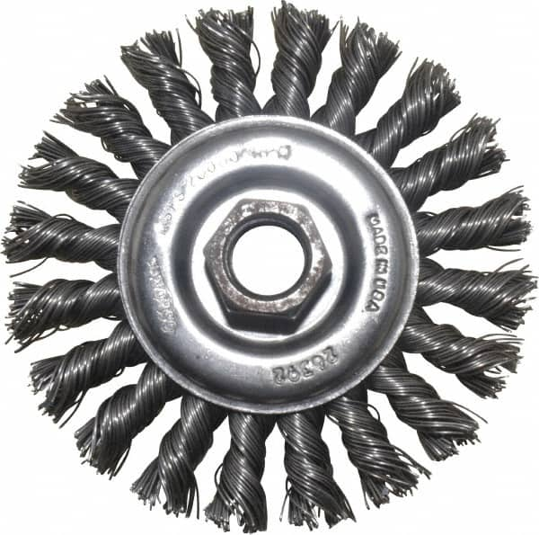 Osborn - 4" OD, 5/8-11 Arbor Hole, Knotted Steel Wheel Brush - 3/8" Face Width, 7/8" Trim Length, 0.02" Filament Diam, 20,000 RPM - Americas Industrial Supply