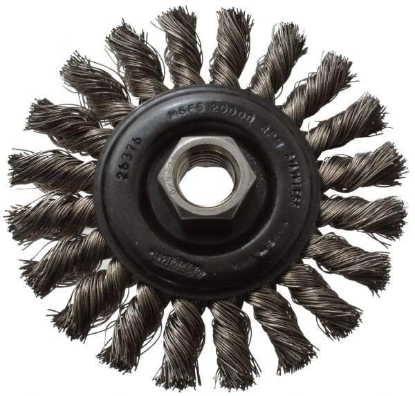 Osborn - 4" OD, 5/8-11 Arbor Hole, Knotted Stainless Steel Wheel Brush - 3/8" Face Width, 7/8" Trim Length, 0.014" Filament Diam, 20,000 RPM - Americas Industrial Supply