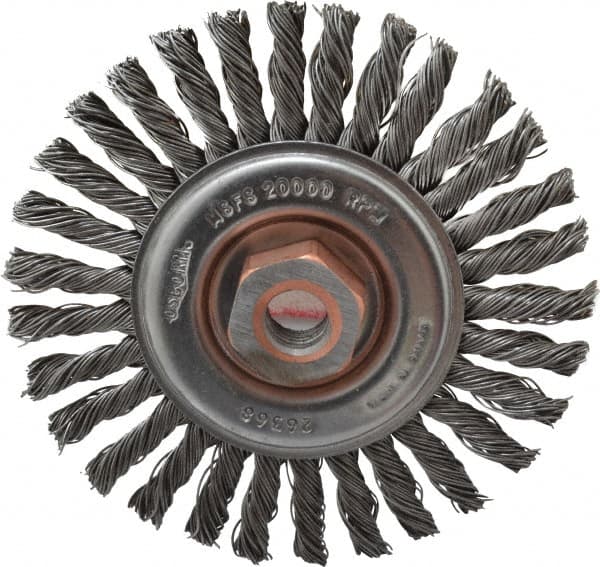 Osborn - 4" OD, 1/2-13 Arbor Hole, Knotted Steel Wheel Brush - 1/4" Face Width, 7/8" Trim Length, 0.02" Filament Diam, 20,000 RPM - Americas Industrial Supply