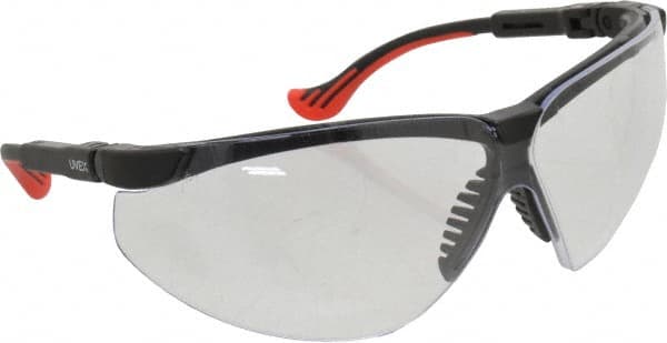 Uvex - Clear Lenses, Framed Safety Glasses - Scratch Resistant, Black Polycarbonate Frame, Adjustable Temples, Size Universal, Wrap Around - Americas Industrial Supply