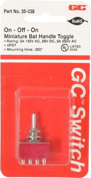 GC/Waldom - 4PDT Miniature On-Off-On Toggle Switch - Solder Lug Terminal, Bat Handle Actuator, 125 VAC at 5 A & 250 VAC at 2 A - Americas Industrial Supply