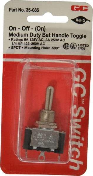 GC/Waldom - SPDT Medium Duty On-Off-On Toggle Switch - Solder Lug Terminal, Bat Handle Actuator, 1/4 hp at 125/250 VAC hp, 125 VAC at 6 A & 250 VAC at 3 A - Americas Industrial Supply