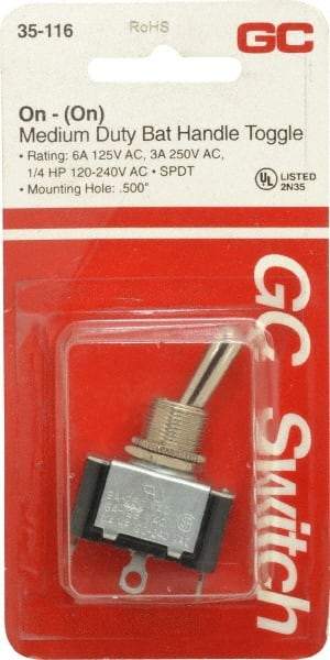 GC/Waldom - SPDT Medium Duty On-On Toggle Switch - Solder Lug Terminal, Bat Handle Actuator, 1/4 hp at 125/250 VAC hp, 125 VAC at 6 A & 250 VAC at 3 A - Americas Industrial Supply