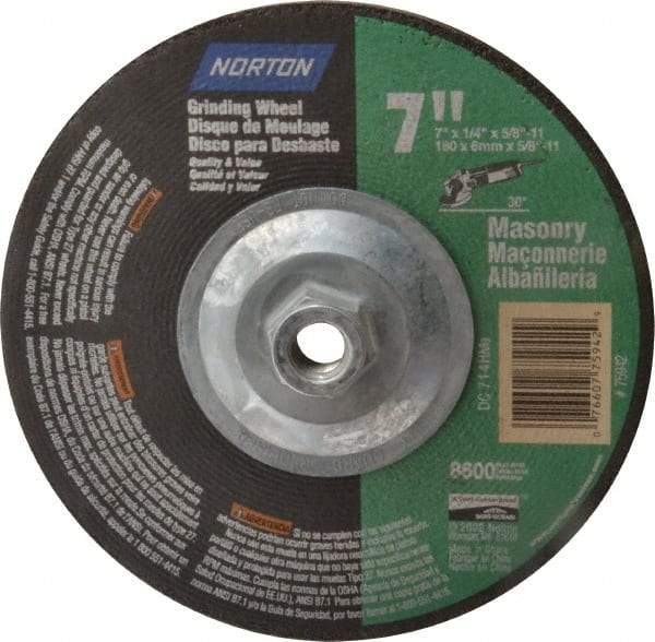 Norton - 7" Wheel Diam, 1/4" Wheel Thickness, Type 27 Depressed Center Wheel - Aluminum Oxide, 8,600 Max RPM, Compatible with Angle Grinder - Americas Industrial Supply