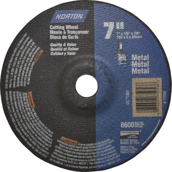 Norton - 60 Grit, 7" Wheel Diam, 1/8" Wheel Thickness, 7/8" Arbor Hole, Type 27 Depressed Center Wheel - Aluminum Oxide, 8,600 Max RPM, Compatible with Angle Grinder - Americas Industrial Supply