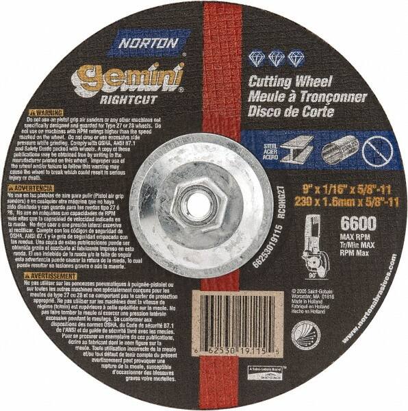 Norton - 9" Wheel Diam, 1/16" Wheel Thickness, Type 27 Depressed Center Wheel - Aluminum Oxide, 6,600 Max RPM, Compatible with Angle Grinder - Americas Industrial Supply