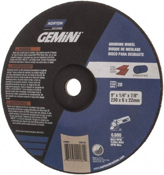 Norton - 24 Grit, 9" Wheel Diam, 1/4" Wheel Thickness, 7/8" Arbor Hole, Type 28 Depressed Center Wheel - Aluminum Oxide, 6,600 Max RPM, Compatible with Angle Grinder - Americas Industrial Supply