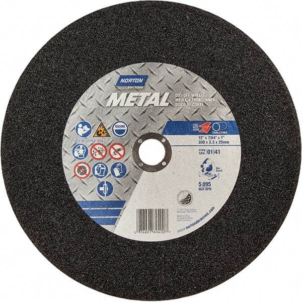 Norton - 12" 36 Grit Aluminum Oxide Cutoff Wheel - 7/64" Thick, 1" Arbor, 5,095 Max RPM, Use with Chop Saws - Americas Industrial Supply