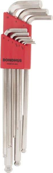 Bondhus - 9 Piece L-Key Ball End Hex Key Set - Hex Range 1.5 to 10mm, 11" OAL, Protanium High Torque Steel - Americas Industrial Supply