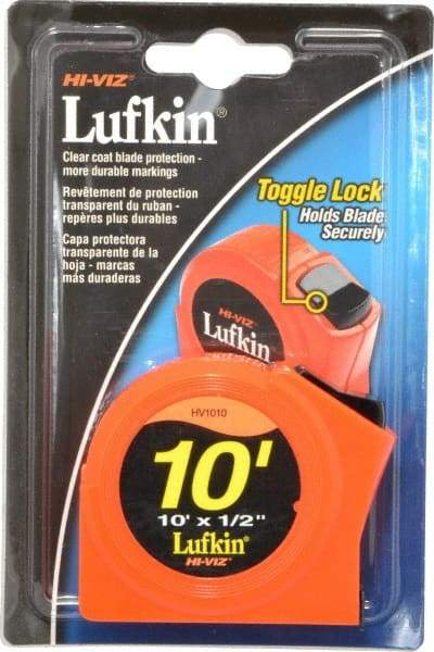 Lufkin - 10' x 1/2" Yellow Blade Tape Measure - 1/32 & 1/16" Graduation, A1 Graduation Style, High-Visibility Orange Case - Americas Industrial Supply