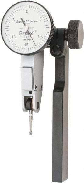 TESA Brown & Sharpe - 0.03 Inch Range, 0.0005 Inch Dial Graduation, Horizontal Dial Test Indicator - 1 Inch White Dial, 0-15-0 Dial Reading - Americas Industrial Supply