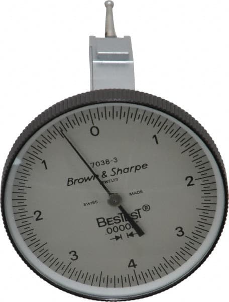 TESA Brown & Sharpe - 0.008 Inch Range, 0 Inch Dial Graduation, Vertical Dial Test Indicator - 1-1/2 Inch White Dial, 0-4-0 Dial Reading - Americas Industrial Supply
