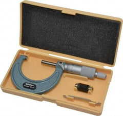 Mitutoyo - 25 to 50mm Range, 0.01mm Graduation, Mechanical Outside Micrometer - Ratchet Stop Thimble, Accurate to 0.0001" - Americas Industrial Supply
