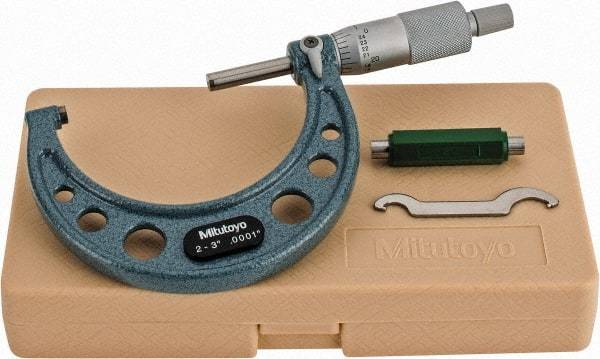 Mitutoyo - 2 to 3" Range, 0.0001" Graduation, Mechanical Outside Micrometer - Ratchet Stop Thimble, Accurate to 0.0001" - Americas Industrial Supply
