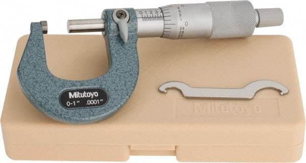 Mitutoyo - 0 to 1" Range, 0.0001" Graduation, Mechanical Outside Micrometer - Ratchet Stop Thimble, Accurate to 0.0001" - Americas Industrial Supply