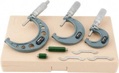Mitutoyo - 0 to 3" Range, 3 Piece Mechanical Outside Micrometer Set - 0.0001" Graduation, 0.0001" Accuracy, Friction Thimble, Carbide Tipped Face - Americas Industrial Supply
