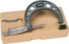 Mitutoyo - 1 to 2 Inch, 49mm Throat Depth, Ratchet Stop, Mechanical Point Micrometer - Accurate Up to 0.00015 Inch, 0.001 Inch Graduation, 0.5039 Inch Point Length, 15° Point Angle, 18mm Head Diameter, 6.35mm Spindle Diameter - Americas Industrial Supply