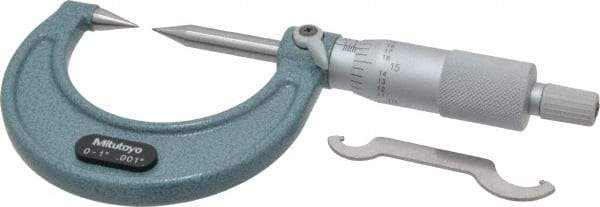Mitutoyo - 1 Inch, 38mm Throat Depth, Ratchet Stop, Mechanical Point Micrometer - Accurate Up to 0.00015 Inch, 0.001 Inch Graduation, 0.5039 Inch Point Length, 30° Point Angle, 18mm Head Diameter, 6.35mm Spindle Diameter - Americas Industrial Supply