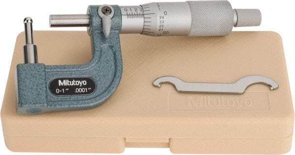 Mitutoyo - 1 Inch Measurement Range, 0.0001 Inch Graduation, Barrel Anvil, Ratchet Stop Thimble, Mechanical Tube Micrometer - Accurate Up to 0.0002 Inch, Carbide, Includes Plastic Case - Americas Industrial Supply